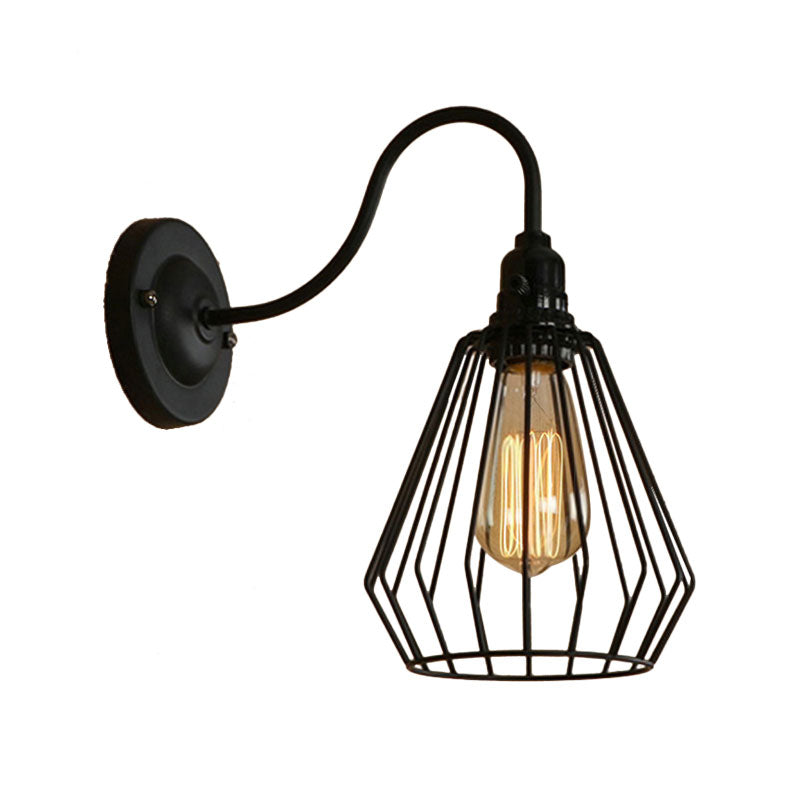 Gooseneck Arm Iron Wall Light Fixture with Cone/Cylinder/Barn Cage Shade Industrial 1 Head Living Room Wall Mount Light in Black Clearhalo 'Art deco wall lights' 'Cast Iron' 'Glass' 'Industrial wall lights' 'Industrial' 'Middle century wall lights' 'Modern' 'Rustic wall lights' 'Tiffany' 'Traditional wall lights' 'Wall Lamps & Sconces' 'Wall Lights' Lighting' 165044