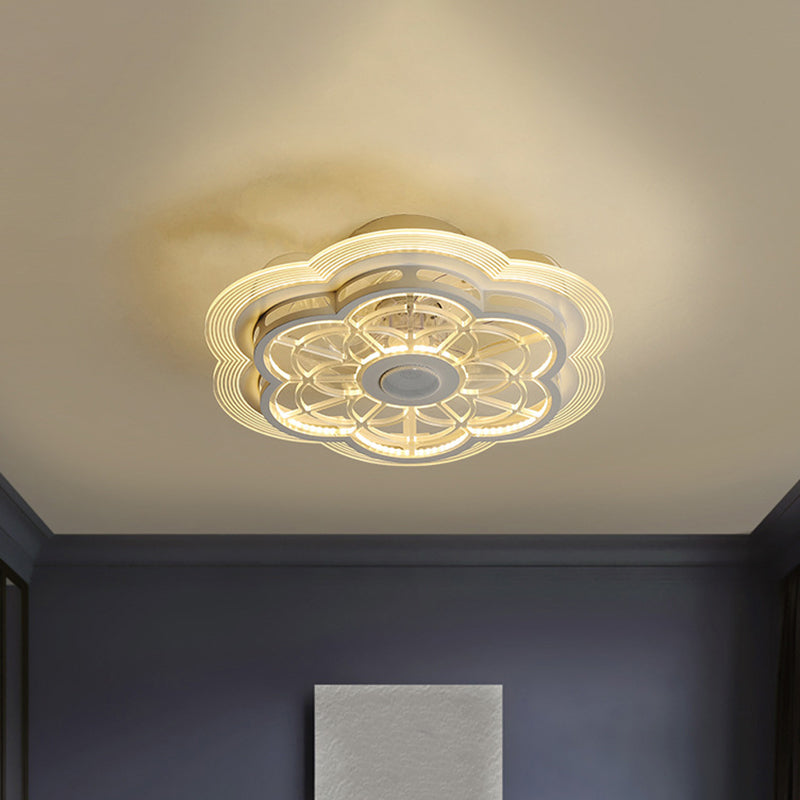 White Flower Shape Hanging Fan Light Modern LED Metallic Semi Flush Mount Fixture for Living Room, 19.5 Inch Width Clearhalo 'Ceiling Fans with Lights' 'Ceiling Fans' 'Kids Ceiling Fans' 'Kids' Lighting' 1650446