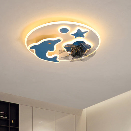 7 Blades Dolphin and Star Ceiling Fan Light Simple Metallic Pink/Blue LED Semi Flush Light Fixture, 19.5 Inch Wide Blue Clearhalo 'Ceiling Fans with Lights' 'Ceiling Fans' 'Kids Ceiling Fans' 'Kids' Lighting' 1650453