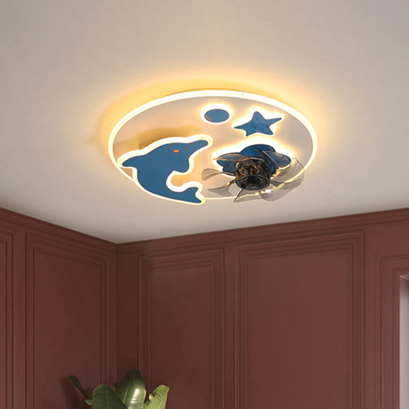 7 Blades Dolphin and Star Ceiling Fan Light Simple Metallic Pink/Blue LED Semi Flush Light Fixture, 19.5 Inch Wide Clearhalo 'Ceiling Fans with Lights' 'Ceiling Fans' 'Kids Ceiling Fans' 'Kids' Lighting' 1650454