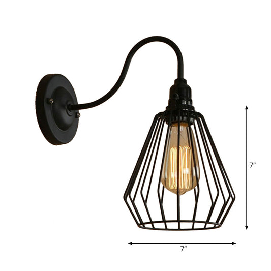 Gooseneck Arm Iron Wall Light Fixture with Cone/Cylinder/Barn Cage Shade Industrial 1 Head Living Room Wall Mount Light in Black Clearhalo 'Art deco wall lights' 'Cast Iron' 'Glass' 'Industrial wall lights' 'Industrial' 'Middle century wall lights' 'Modern' 'Rustic wall lights' 'Tiffany' 'Traditional wall lights' 'Wall Lamps & Sconces' 'Wall Lights' Lighting' 165045