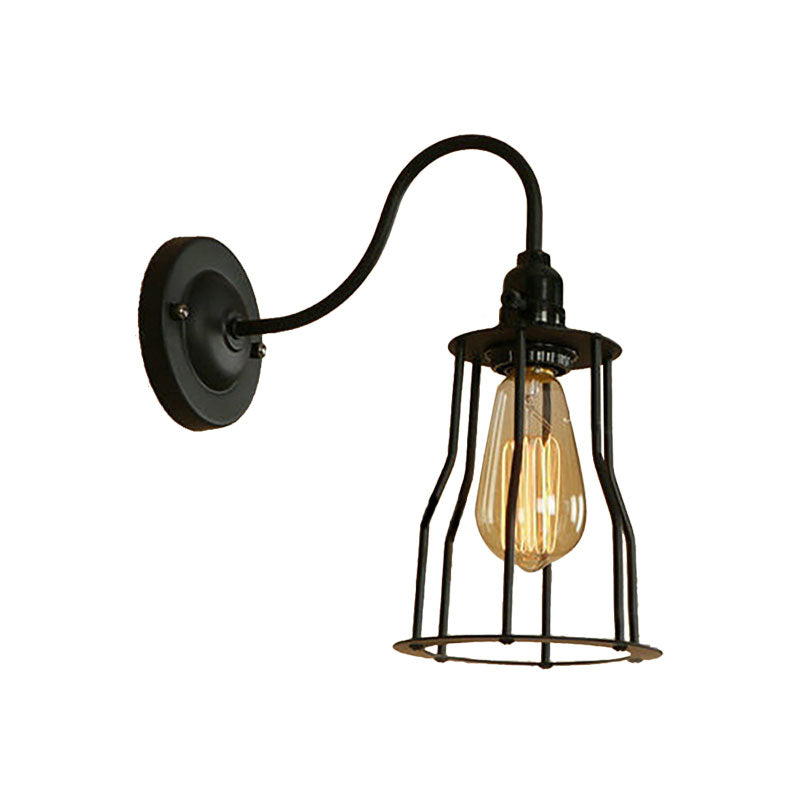Gooseneck Arm Iron Wall Light Fixture with Cone/Cylinder/Barn Cage Shade Industrial 1 Head Living Room Wall Mount Light in Black Clearhalo 'Art deco wall lights' 'Cast Iron' 'Glass' 'Industrial wall lights' 'Industrial' 'Middle century wall lights' 'Modern' 'Rustic wall lights' 'Tiffany' 'Traditional wall lights' 'Wall Lamps & Sconces' 'Wall Lights' Lighting' 165047