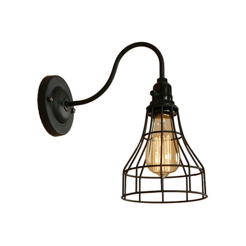 Gooseneck Arm Iron Wall Light Fixture with Cone/Cylinder/Barn Cage Shade Industrial 1 Head Living Room Wall Mount Light in Black Clearhalo 'Art deco wall lights' 'Cast Iron' 'Glass' 'Industrial wall lights' 'Industrial' 'Middle century wall lights' 'Modern' 'Rustic wall lights' 'Tiffany' 'Traditional wall lights' 'Wall Lamps & Sconces' 'Wall Lights' Lighting' 165050