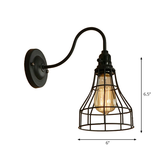 Gooseneck Arm Iron Wall Light Fixture with Cone/Cylinder/Barn Cage Shade Industrial 1 Head Living Room Wall Mount Light in Black Clearhalo 'Art deco wall lights' 'Cast Iron' 'Glass' 'Industrial wall lights' 'Industrial' 'Middle century wall lights' 'Modern' 'Rustic wall lights' 'Tiffany' 'Traditional wall lights' 'Wall Lamps & Sconces' 'Wall Lights' Lighting' 165051