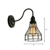 Gooseneck Arm Iron Wall Light Fixture with Cone/Cylinder/Barn Cage Shade Industrial 1 Head Living Room Wall Mount Light in Black Clearhalo 'Art deco wall lights' 'Cast Iron' 'Glass' 'Industrial wall lights' 'Industrial' 'Middle century wall lights' 'Modern' 'Rustic wall lights' 'Tiffany' 'Traditional wall lights' 'Wall Lamps & Sconces' 'Wall Lights' Lighting' 165051
