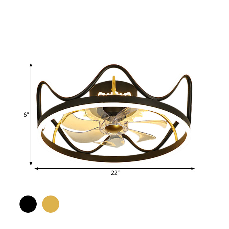 Crown Shape Dinging Room 7-Blade Hanging Fan Light Metallic Modern LED Semi Flush Mount Lamp in Gold/Black, 22" Width Clearhalo 'Ceiling Fans with Lights' 'Ceiling Fans' 'Kids Ceiling Fans' 'Kids' Lighting' 1650533