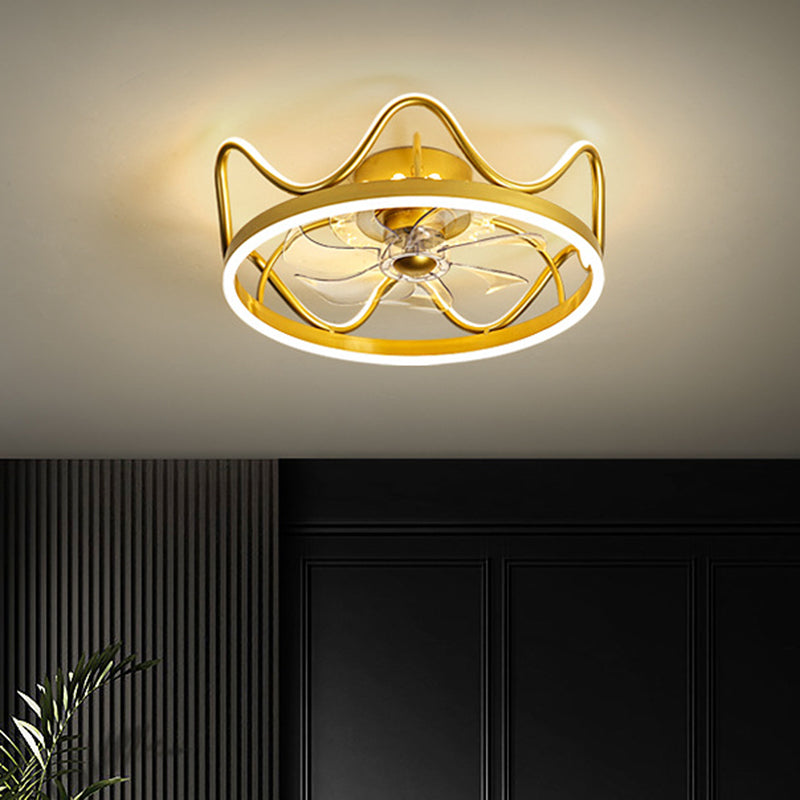 Crown Shape Dinging Room 7-Blade Hanging Fan Light Metallic Modern LED Semi Flush Mount Lamp in Gold/Black, 22" Width Clearhalo 'Ceiling Fans with Lights' 'Ceiling Fans' 'Kids Ceiling Fans' 'Kids' Lighting' 1650535