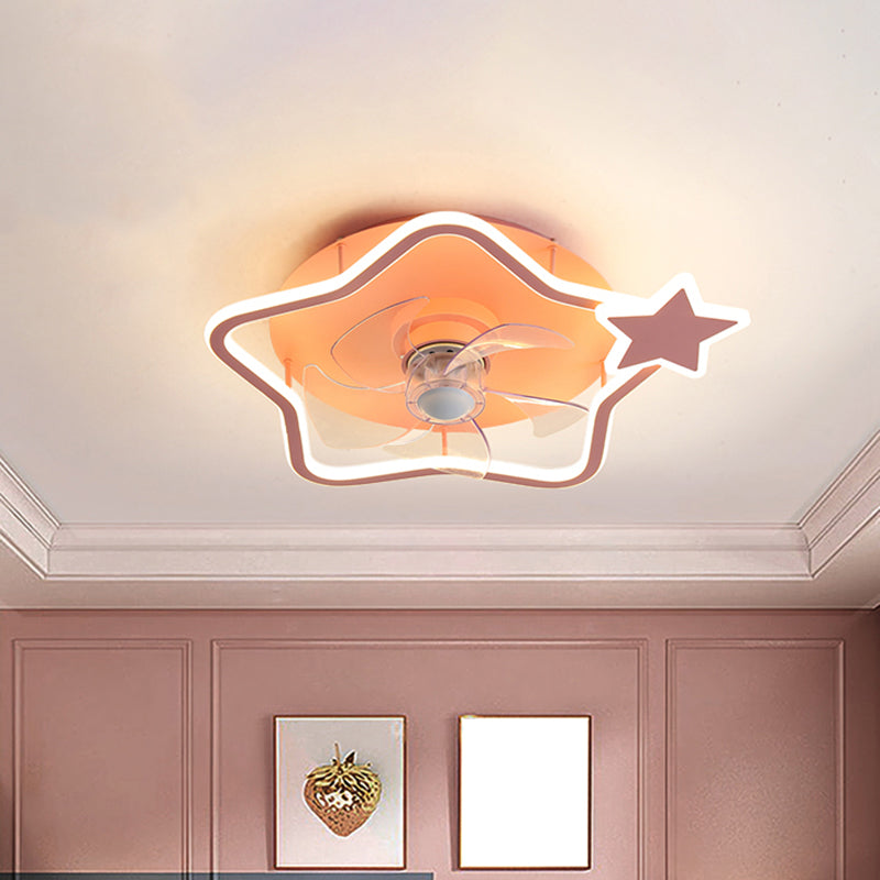 5-Blade Round/Star Shape Kid Room Pendant Fan Light Acrylic LED Contemporar Semi Flush Mount Lamp, 18 Inch Dia Pink Star Clearhalo 'Ceiling Fans with Lights' 'Ceiling Fans' 'Kids Ceiling Fans' 'Kids' Lighting' 1650602