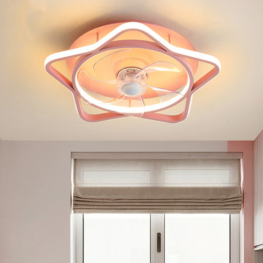 5-Blade Round/Star Shape Kid Room Pendant Fan Light Acrylic LED Contemporar Semi Flush Mount Lamp, 18 Inch Dia Pink Round Clearhalo 'Ceiling Fans with Lights' 'Ceiling Fans' 'Kids Ceiling Fans' 'Kids' Lighting' 1650606