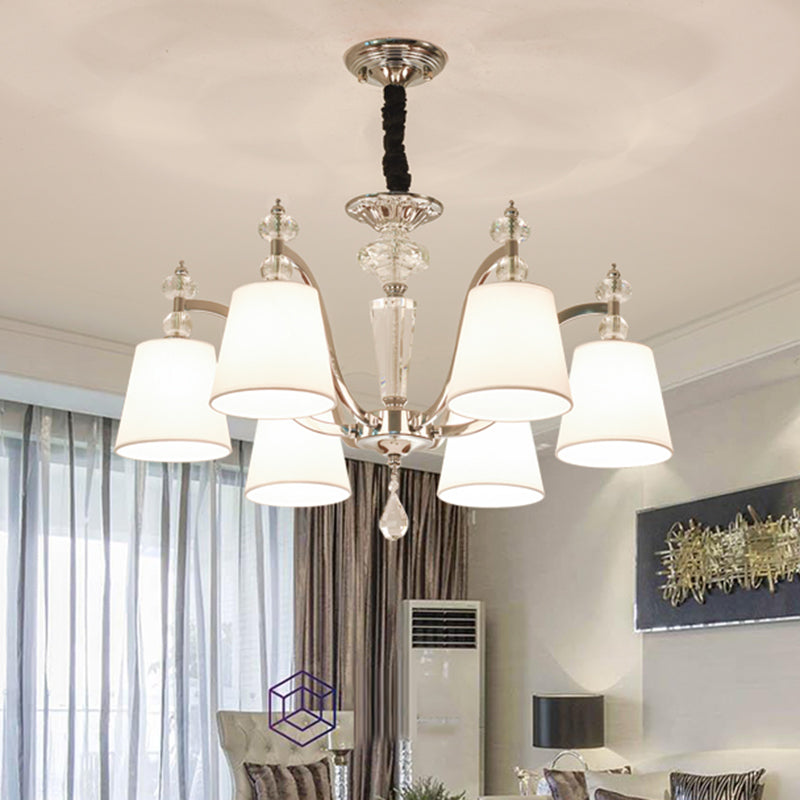 Conic Chandelier Light Fixture Modern Fabric 3/6 Heads Chrome Suspension Pendant with Crystal Drop 6 Chrome Clearhalo 'Ceiling Lights' 'Chandeliers' 'Modern Chandeliers' 'Modern' Lighting' 1650651