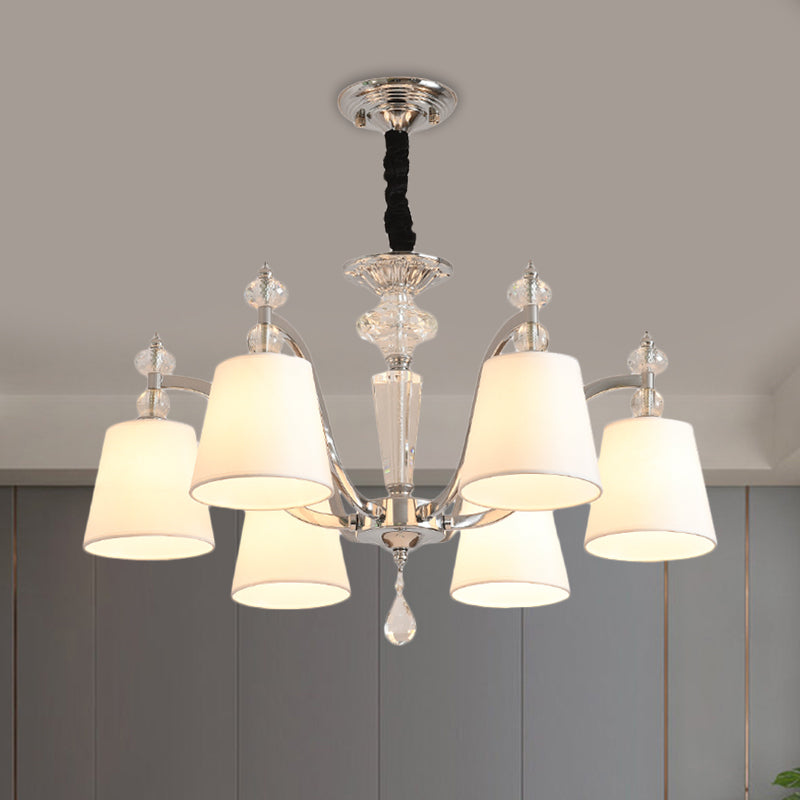 Conic Chandelier Light Fixture Modern Fabric 3/6 Heads Chrome Suspension Pendant with Crystal Drop Clearhalo 'Ceiling Lights' 'Chandeliers' 'Modern Chandeliers' 'Modern' Lighting' 1650653