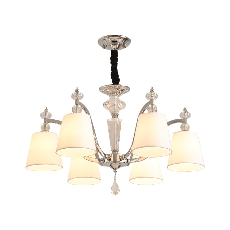 Conic Chandelier Light Fixture Modern Fabric 3/6 Heads Chrome Suspension Pendant with Crystal Drop Clearhalo 'Ceiling Lights' 'Chandeliers' 'Modern Chandeliers' 'Modern' Lighting' 1650654