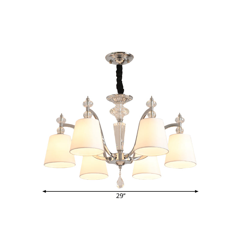 Conic Chandelier Light Fixture Modern Fabric 3/6 Heads Chrome Suspension Pendant with Crystal Drop Clearhalo 'Ceiling Lights' 'Chandeliers' 'Modern Chandeliers' 'Modern' Lighting' 1650655
