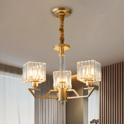 Clear Crystal Prisms Cubic Chandelier Minimalism 3/6-Light Gold Suspended Lighting Fixture 3 Gold Clearhalo 'Ceiling Lights' 'Chandeliers' 'Modern Chandeliers' 'Modern' Lighting' 1650670