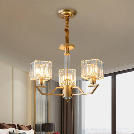 Clear Crystal Prisms Cubic Chandelier Minimalism 3/6-Light Gold Suspended Lighting Fixture Clearhalo 'Ceiling Lights' 'Chandeliers' 'Modern Chandeliers' 'Modern' Lighting' 1650671