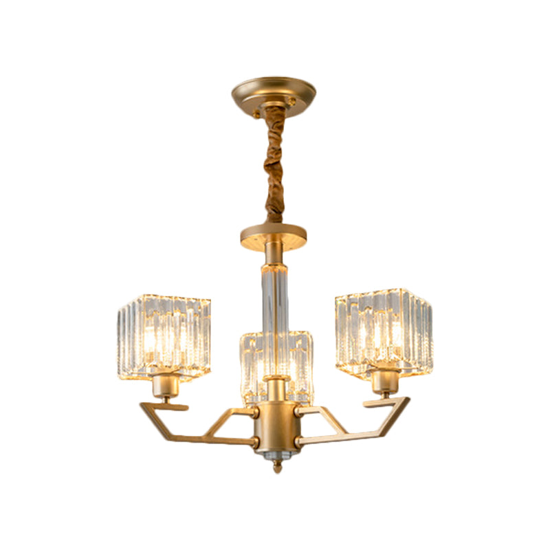 Clear Crystal Prisms Cubic Chandelier Minimalism 3/6-Light Gold Suspended Lighting Fixture Clearhalo 'Ceiling Lights' 'Chandeliers' 'Modern Chandeliers' 'Modern' Lighting' 1650672