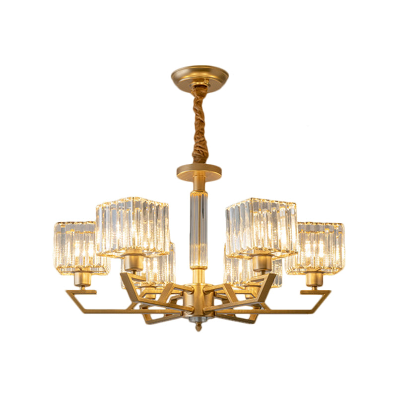 Clear Crystal Prisms Cubic Chandelier Minimalism 3/6-Light Gold Suspended Lighting Fixture Clearhalo 'Ceiling Lights' 'Chandeliers' 'Modern Chandeliers' 'Modern' Lighting' 1650677