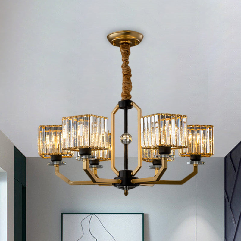 Crystal Prisms Cube Ceiling Chandelier Minimalist 3/6/8-Bulb Hanging Pendant Light with Curved Arm in Brass Clearhalo 'Ceiling Lights' 'Chandeliers' 'Close To Ceiling Lights' 'Glass shade' 'Glass' 'Modern Chandeliers' 'Modern' 'Pendant Lights' Lighting' 1650685