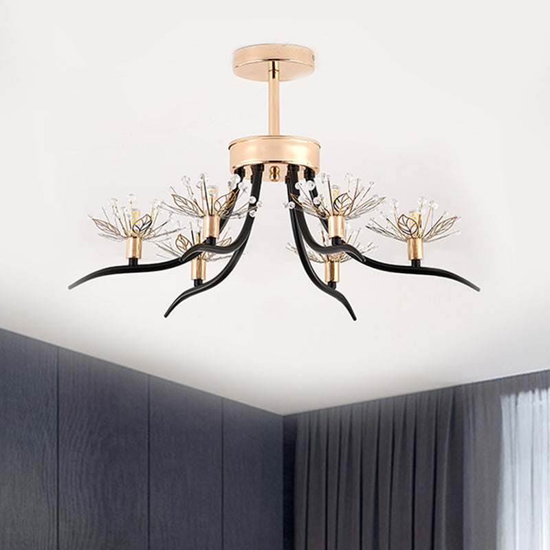 Chinese Redbud Ceiling Mounted Light Modern Style Faceted Crystal 6-Bulb Black Semi Flush Chandelier - Black - Clearhalo - 'Ceiling Lights' - 'Close To Ceiling Lights' - 'Close to ceiling' - 'Semi-flushmount' - Lighting' - 1650829