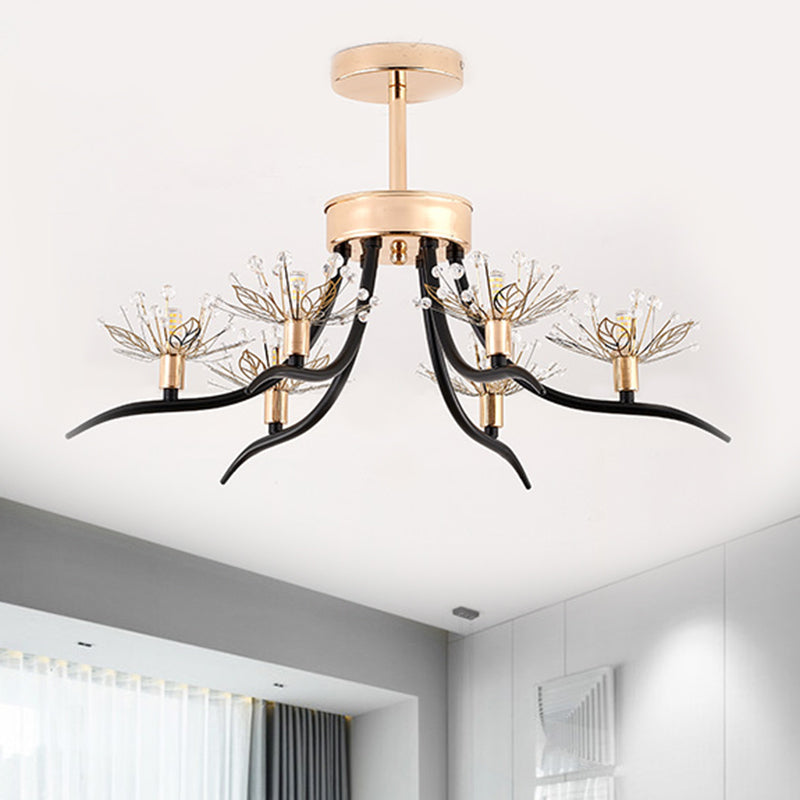 Chinese Redbud Ceiling Mounted Light Modern Style Faceted Crystal 6-Bulb Black Semi Flush Chandelier - Clearhalo - 'Ceiling Lights' - 'Close To Ceiling Lights' - 'Close to ceiling' - 'Semi-flushmount' - Lighting' - 1650830