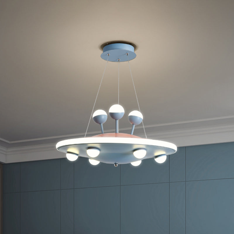 Cartoon UFO Ceiling Chandelier Metal LED Kids Bedroom Pendant Light with Round Canopy in Pink/Blue Blue Clearhalo 'Ceiling Lights' 'Chandeliers' Lighting' options 1650868_475767cb-f02c-4552-b1fc-d5c8e36c748c