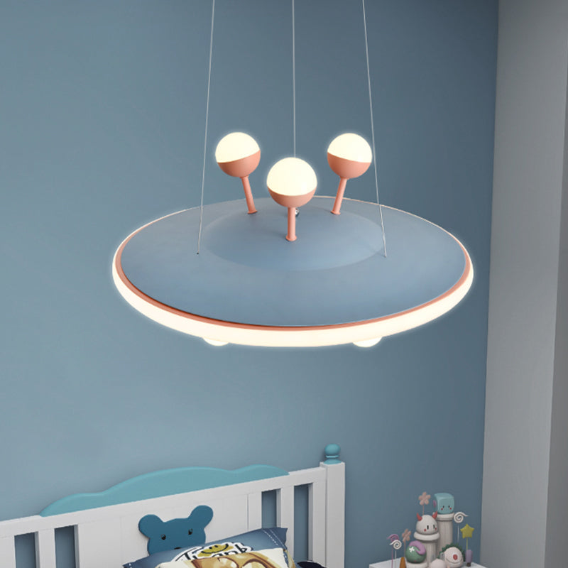 Cartoon UFO Ceiling Chandelier Metal LED Kids Bedroom Pendant Light with Round Canopy in Pink/Blue Clearhalo 'Ceiling Lights' 'Chandeliers' Lighting' options 1650869