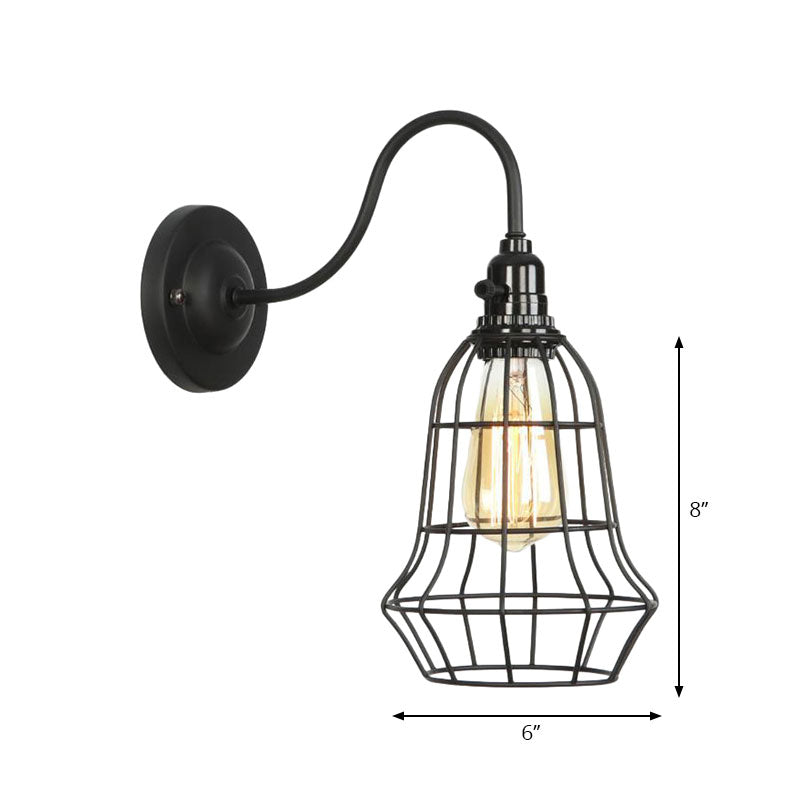 Industrial Globe/Teardrop Cage Wall Sconce Metal 1 Bulb Metallic Wall Lighting with Gooseneck Arm in Black Clearhalo 'Art deco wall lights' 'Cast Iron' 'Glass' 'Industrial wall lights' 'Industrial' 'Middle century wall lights' 'Modern' 'Rustic wall lights' 'Tiffany' 'Traditional wall lights' 'Wall Lamps & Sconces' 'Wall Lights' Lighting' 165087