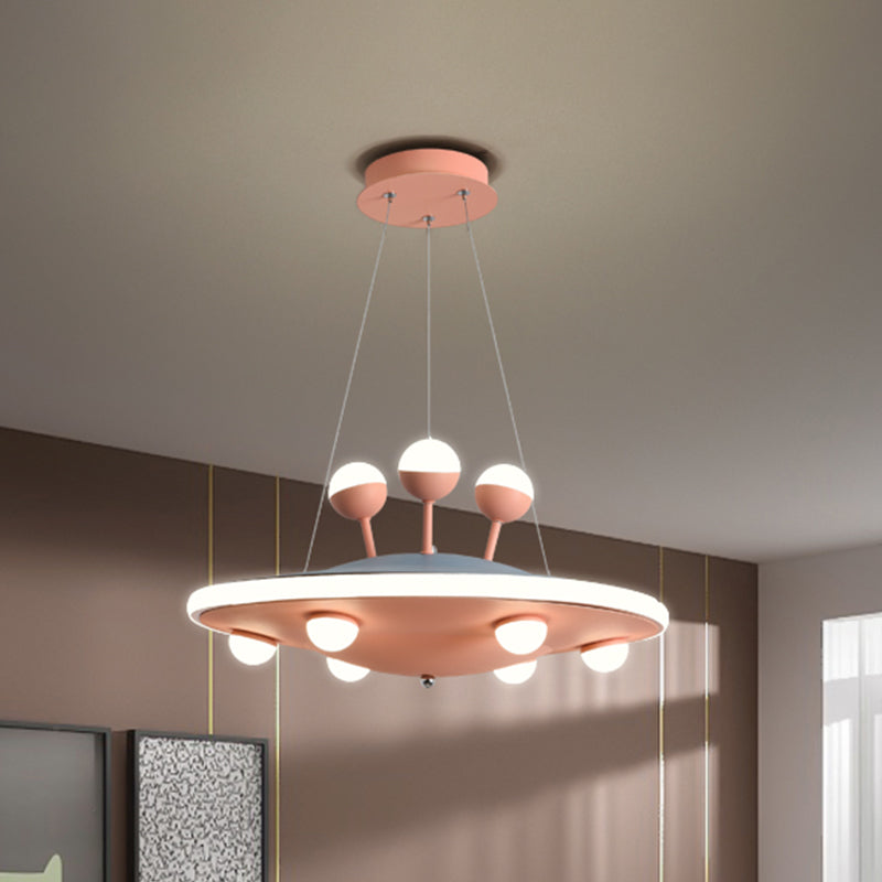 Cartoon UFO Ceiling Chandelier Metal LED Kids Bedroom Pendant Light with Round Canopy in Pink/Blue Pink Clearhalo 'Ceiling Lights' 'Chandeliers' Lighting' options 1650872_97668a06-29dd-4fd6-b9f5-c574cd9213c7
