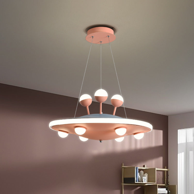 Cartoon UFO Ceiling Chandelier Metal LED Kids Bedroom Pendant Light with Round Canopy in Pink/Blue Clearhalo 'Ceiling Lights' 'Chandeliers' Lighting' options 1650873