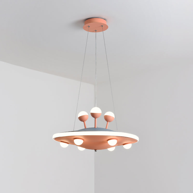 Cartoon UFO Ceiling Chandelier Metal LED Kids Bedroom Pendant Light with Round Canopy in Pink/Blue Clearhalo 'Ceiling Lights' 'Chandeliers' Lighting' options 1650874