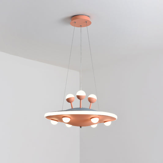 Cartoon UFO Ceiling Chandelier Metal LED Kids Bedroom Pendant Light with Round Canopy in Pink/Blue Clearhalo 'Ceiling Lights' 'Chandeliers' Lighting' options 1650874