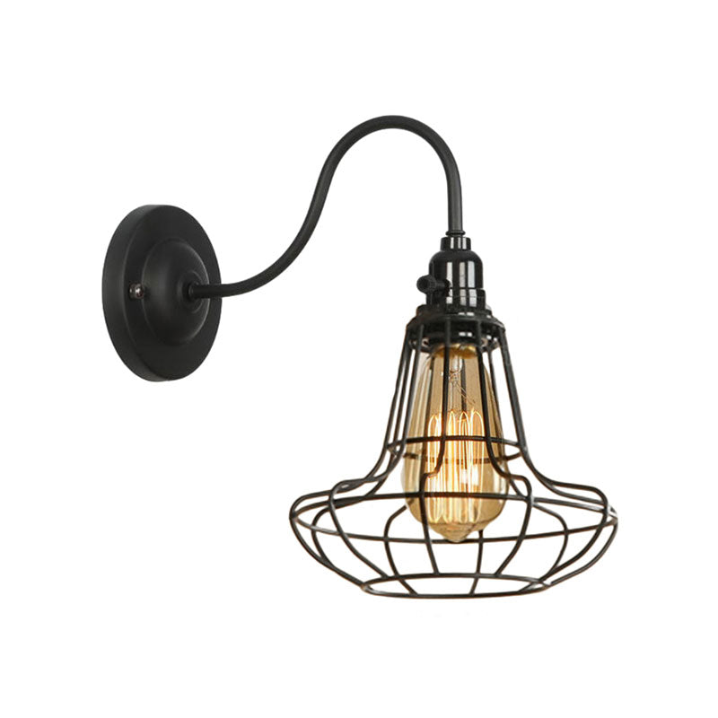 Industrial Globe/Teardrop Cage Wall Sconce Metal 1 Bulb Metallic Wall Lighting with Gooseneck Arm in Black Clearhalo 'Art deco wall lights' 'Cast Iron' 'Glass' 'Industrial wall lights' 'Industrial' 'Middle century wall lights' 'Modern' 'Rustic wall lights' 'Tiffany' 'Traditional wall lights' 'Wall Lamps & Sconces' 'Wall Lights' Lighting' 165089