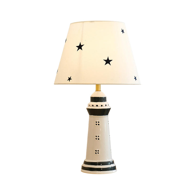 Conical Fabric Table Lamp Nordic 1 Bulb White Reading Book Light with Lighthouse Resin Base Clearhalo 'Lamps' 'Table Lamps' Lighting' 1650890