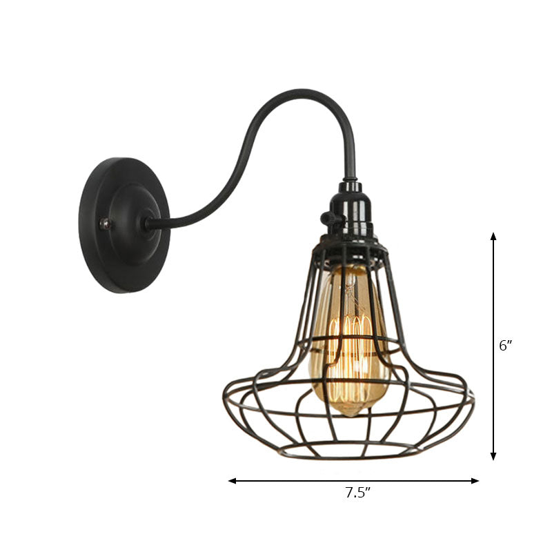 Industrial Globe/Teardrop Cage Wall Sconce Metal 1 Bulb Metallic Wall Lighting with Gooseneck Arm in Black Clearhalo 'Art deco wall lights' 'Cast Iron' 'Glass' 'Industrial wall lights' 'Industrial' 'Middle century wall lights' 'Modern' 'Rustic wall lights' 'Tiffany' 'Traditional wall lights' 'Wall Lamps & Sconces' 'Wall Lights' Lighting' 165090