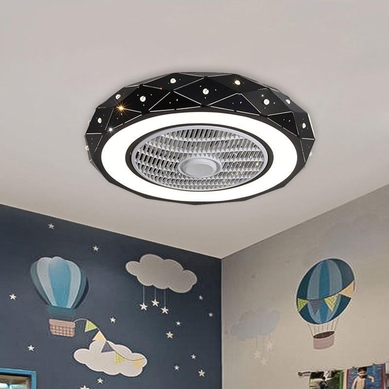 21.5" Width Drum Ceiling Fan Light Kids Metallic LED White/Black/Pink Semi Flush Mounted Lighting for Bedroom Clearhalo 'Ceiling Fans with Lights' 'Ceiling Fans' 'Modern Ceiling Fans' 'Modern' Lighting' 1650900