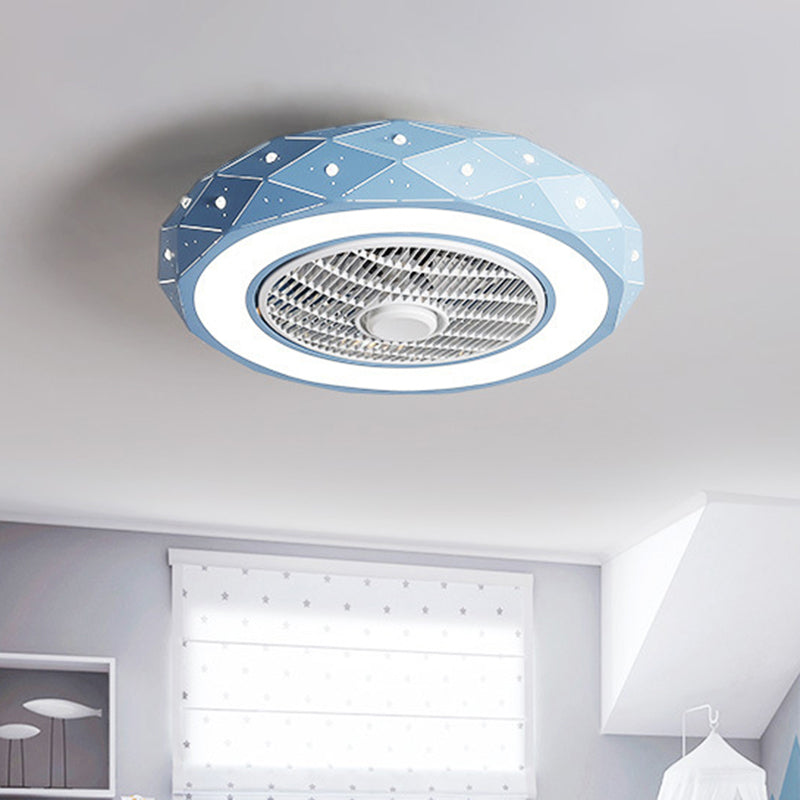 21.5" Width Drum Ceiling Fan Light Kids Metallic LED White/Black/Pink Semi Flush Mounted Lighting for Bedroom Clearhalo 'Ceiling Fans with Lights' 'Ceiling Fans' 'Modern Ceiling Fans' 'Modern' Lighting' 1650905