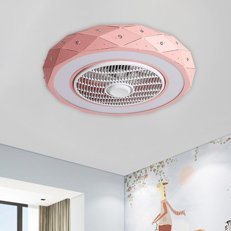 21.5" Width Drum Ceiling Fan Light Kids Metallic LED White/Black/Pink Semi Flush Mounted Lighting for Bedroom Pink Clearhalo 'Ceiling Fans with Lights' 'Ceiling Fans' 'Modern Ceiling Fans' 'Modern' Lighting' 1650908