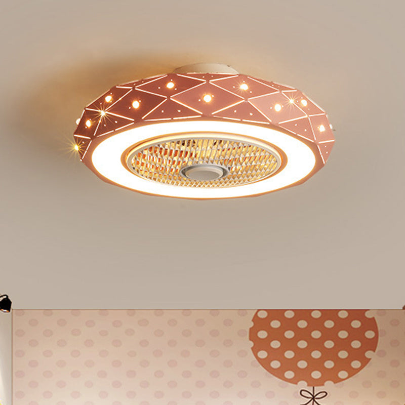 21.5" Width Drum Ceiling Fan Light Kids Metallic LED White/Black/Pink Semi Flush Mounted Lighting for Bedroom Clearhalo 'Ceiling Fans with Lights' 'Ceiling Fans' 'Modern Ceiling Fans' 'Modern' Lighting' 1650909