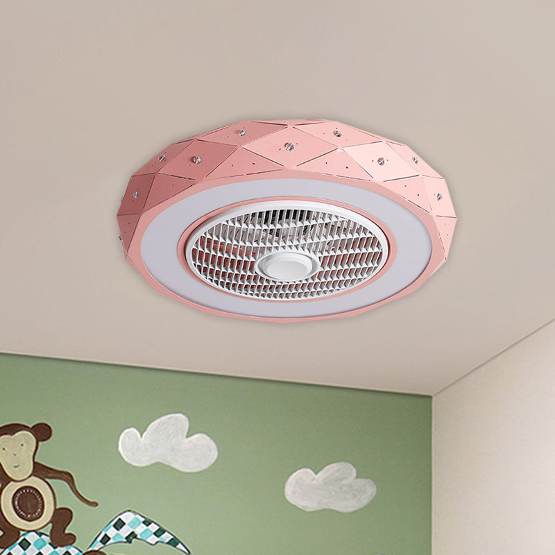 21.5" Width Drum Ceiling Fan Light Kids Metallic LED White/Black/Pink Semi Flush Mounted Lighting for Bedroom Clearhalo 'Ceiling Fans with Lights' 'Ceiling Fans' 'Modern Ceiling Fans' 'Modern' Lighting' 1650910