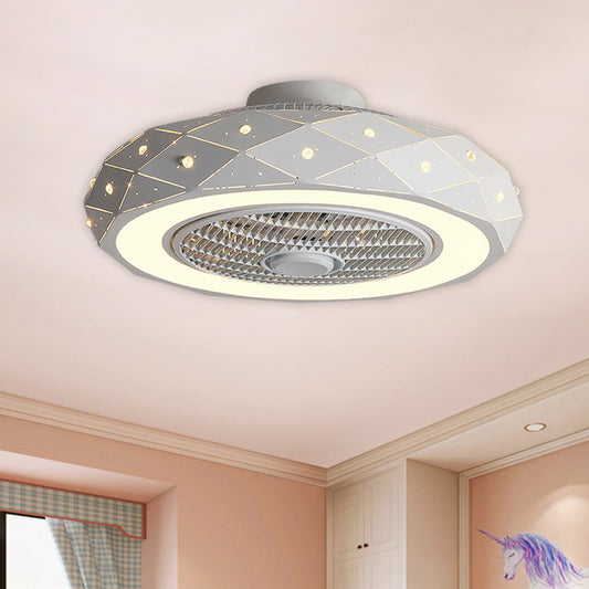 21.5" Width Drum Ceiling Fan Light Kids Metallic LED White/Black/Pink Semi Flush Mounted Lighting for Bedroom White Clearhalo 'Ceiling Fans with Lights' 'Ceiling Fans' 'Modern Ceiling Fans' 'Modern' Lighting' 1650912