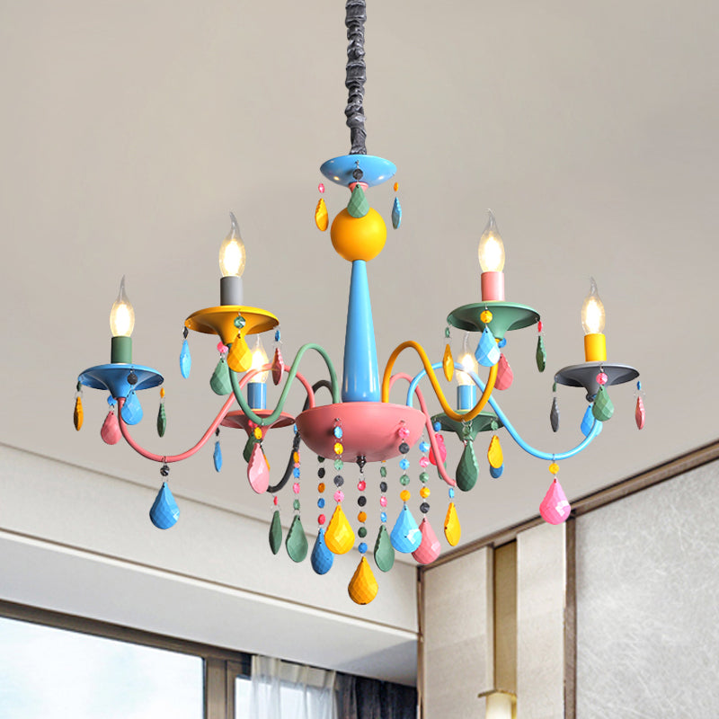 Pink and Yellow Curved Arm Chandelier Light Cartoon 3/5/6 Lights Metallic Pendant Lamp with/without Shade 6 Pink-Yellow Shadeless Clearhalo 'Ceiling Lights' 'Chandeliers' Lighting' options 1650916_ecc52144-19ac-4d24-b1ff-c43c81ad3317