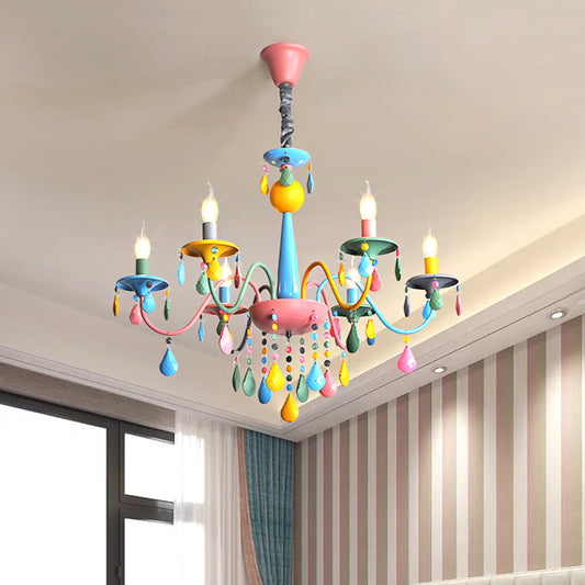 Pink and Yellow Curved Arm Chandelier Light Cartoon 3/5/6 Lights Metallic Pendant Lamp with/without Shade Clearhalo 'Ceiling Lights' 'Chandeliers' Lighting' options 1650917