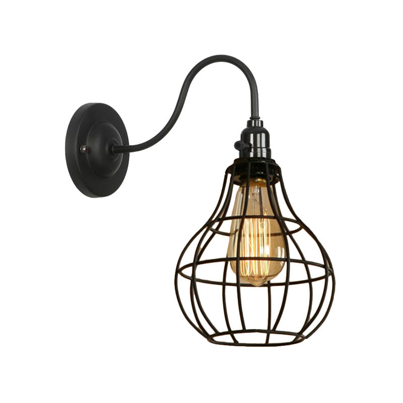 Industrial Globe/Teardrop Cage Wall Sconce Metal 1 Bulb Metallic Wall Lighting with Gooseneck Arm in Black Clearhalo 'Art deco wall lights' 'Cast Iron' 'Glass' 'Industrial wall lights' 'Industrial' 'Middle century wall lights' 'Modern' 'Rustic wall lights' 'Tiffany' 'Traditional wall lights' 'Wall Lamps & Sconces' 'Wall Lights' Lighting' 165092