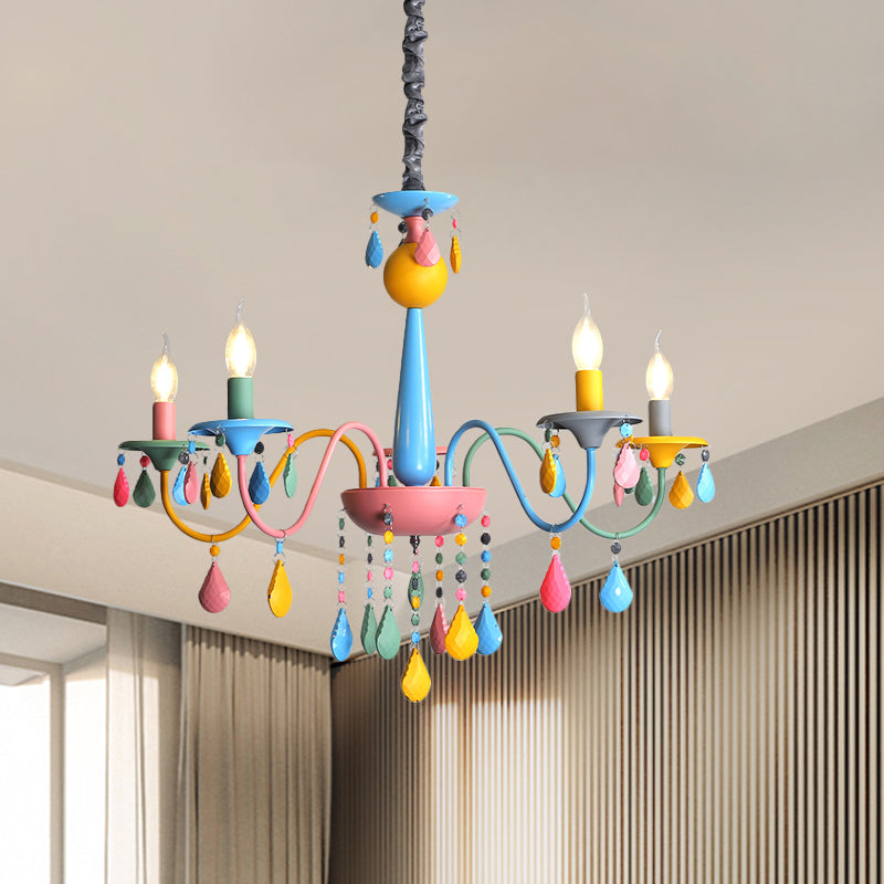 Pink and Yellow Curved Arm Chandelier Light Cartoon 3/5/6 Lights Metallic Pendant Lamp with/without Shade 5 Pink-Yellow Shadeless Clearhalo 'Ceiling Lights' 'Chandeliers' Lighting' options 1650930_010473c2-a147-43f3-9792-2ff87535d1e1