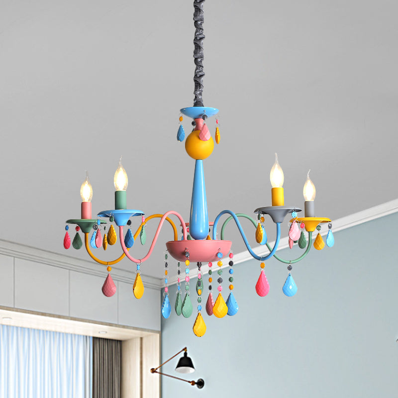 Pink and Yellow Curved Arm Chandelier Light Cartoon 3/5/6 Lights Metallic Pendant Lamp with/without Shade Clearhalo 'Ceiling Lights' 'Chandeliers' Lighting' options 1650931