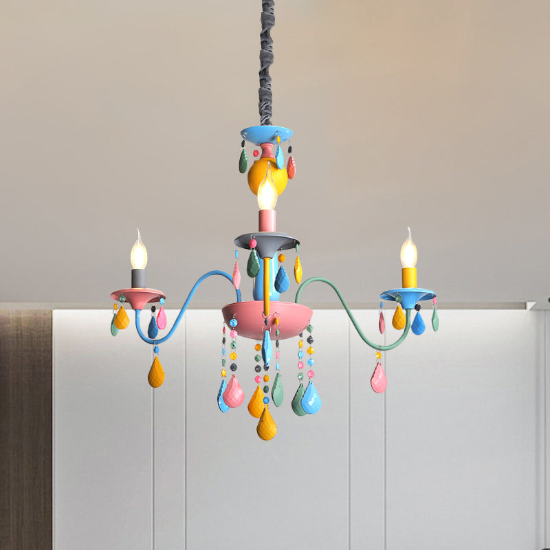 Pink and Yellow Curved Arm Chandelier Light Cartoon 3/5/6 Lights Metallic Pendant Lamp with/without Shade 3 Pink-Yellow Shadeless Clearhalo 'Ceiling Lights' 'Chandeliers' Lighting' options 1650940_19a3fff4-04ae-4a4c-8525-1903aa05b572