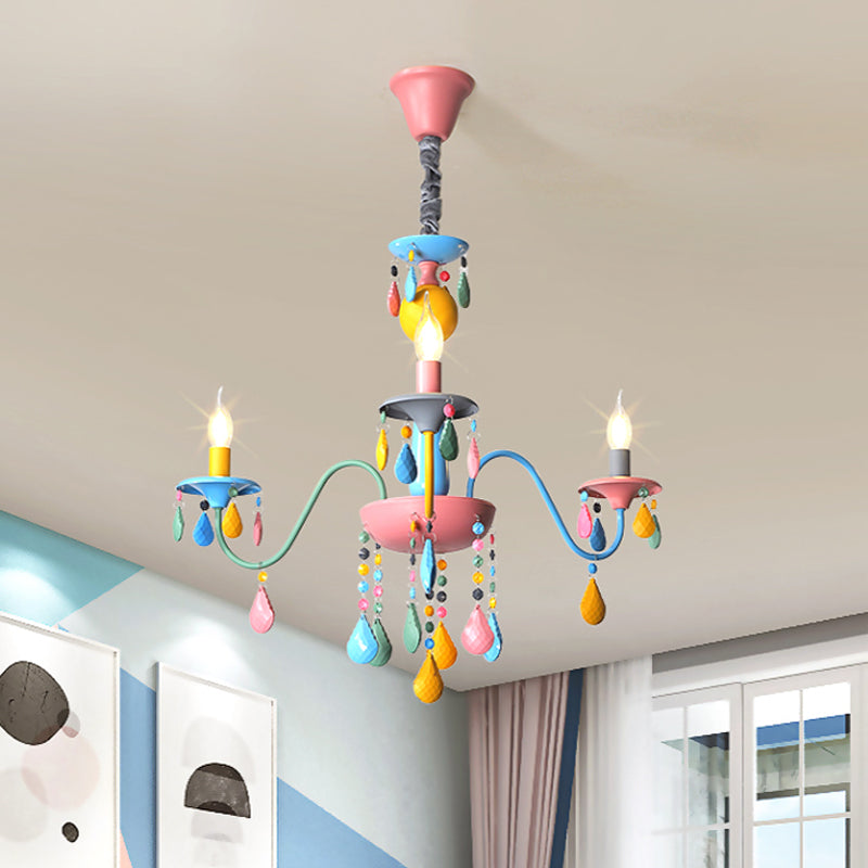 Pink and Yellow Curved Arm Chandelier Light Cartoon 3/5/6 Lights Metallic Pendant Lamp with/without Shade Clearhalo 'Ceiling Lights' 'Chandeliers' Lighting' options 1650942