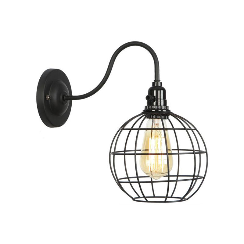 Industrial Globe/Teardrop Cage Wall Sconce Metal 1 Bulb Metallic Wall Lighting with Gooseneck Arm in Black Clearhalo 'Art deco wall lights' 'Cast Iron' 'Glass' 'Industrial wall lights' 'Industrial' 'Middle century wall lights' 'Modern' 'Rustic wall lights' 'Tiffany' 'Traditional wall lights' 'Wall Lamps & Sconces' 'Wall Lights' Lighting' 165095