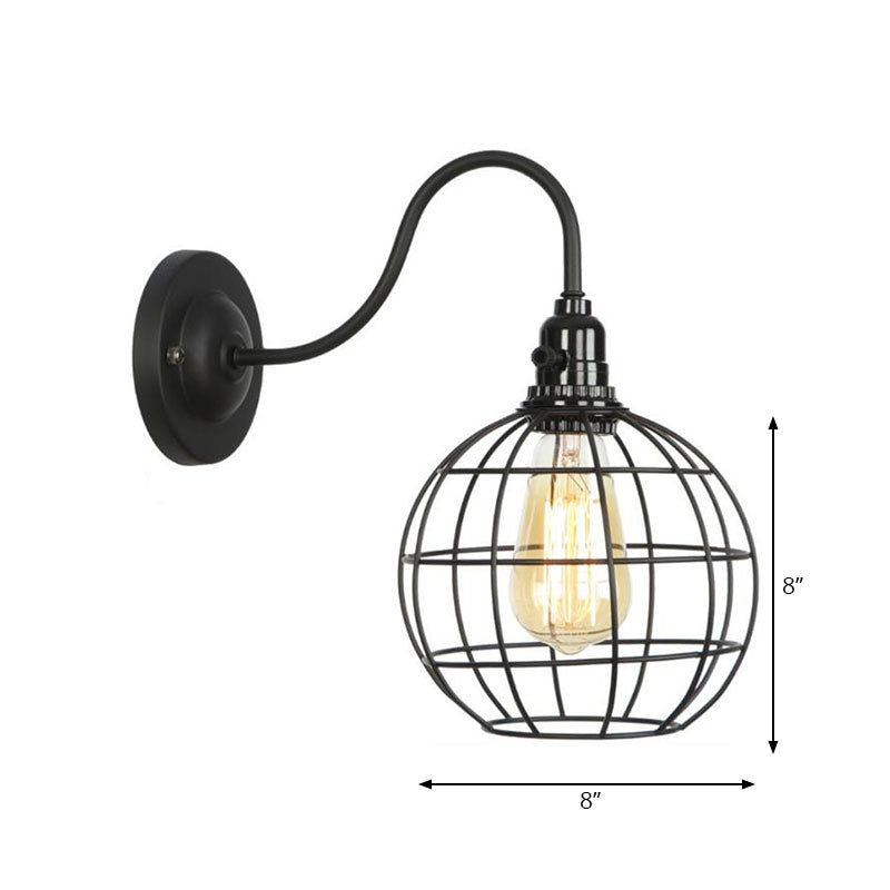 Industrial Globe/Teardrop Cage Wall Sconce Metal 1 Bulb Metallic Wall Lighting with Gooseneck Arm in Black Clearhalo 'Art deco wall lights' 'Cast Iron' 'Glass' 'Industrial wall lights' 'Industrial' 'Middle century wall lights' 'Modern' 'Rustic wall lights' 'Tiffany' 'Traditional wall lights' 'Wall Lamps & Sconces' 'Wall Lights' Lighting' 165096