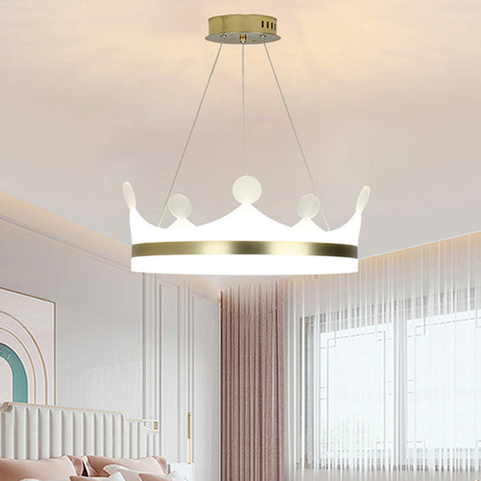 Kids Crown Hanging Lamp Metallic Girls Bedroom LED Chandelier Light in Gold, Warm/White Light Clearhalo 'Ceiling Lights' 'Chandeliers' Lighting' options 1650966